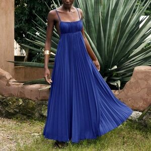 Blue Pleated Maxi Babydoll Dress Open Back Flowy Skirt Tie Straps Lined